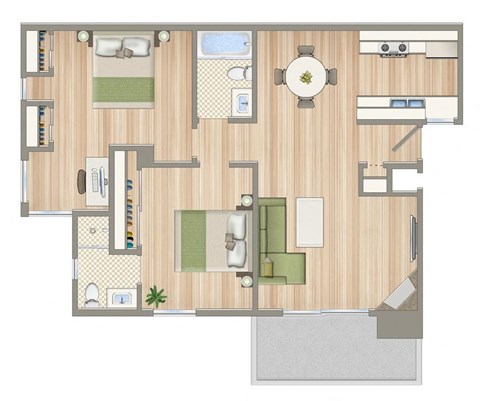 Floor plan for 2 beds, 2 baths, 900 sqft